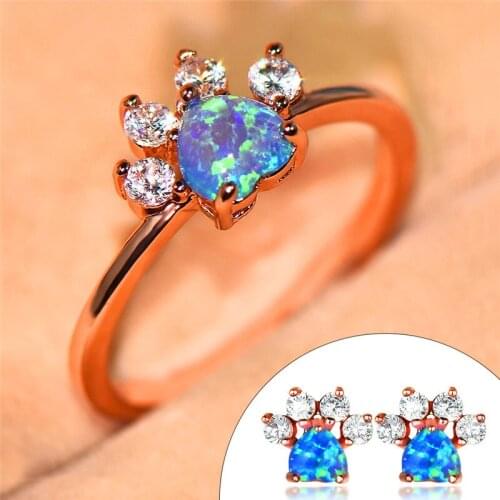 JUNXIN Cute Bear Dog Cat Paw Ring Stud Earrings Jewelry Sets Rose Gold Animal Claws Heart Blue White Fire Opal Rings For Women