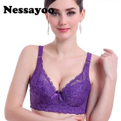 New 2020 Women Sexy Lace Bra for Women Embroidery 80 85 90 95 100 105 C D ladies push up cotton deep V 3/4 cup Blue color bra