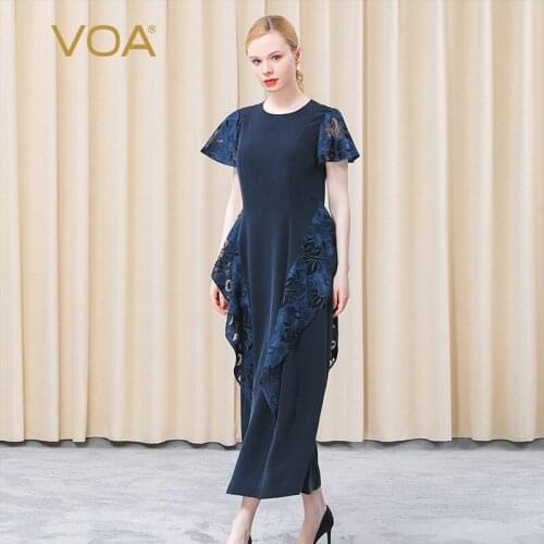 VOA Silk Round Neck Dress AE795 Embroidered Three-dimensional Decorative Navy Blue Elegant Short-sleeved Dresses for Women Party