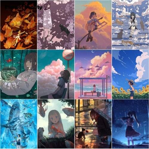 5D Diy Diamond Painting Short-Haired Girl Holding A Fish Tank Cartoon Portrait Full Square Round Diamond Embroidery Sale Artwork