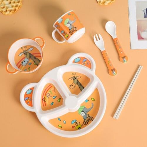 6 Pcs/Set Baby Bamboo Fiber Tableware Set Baby Plate Children Cartoon Separation Plate Bowl Fork Spoon Cup Set Feeding Supplies