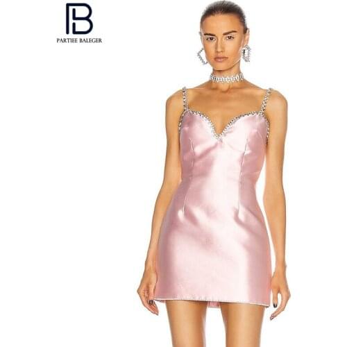 PB Trendy Satin Slip Dress Crystal Design Sexy Sleeveless V Neck Celebrity Party Club Vestido Free Shipping