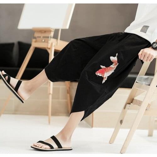 Men Casual Chinese Style Pants Embroidery Loose Linen Japanese Trousers New Summer Elastic Waist Harem Pants Streetwear 10958