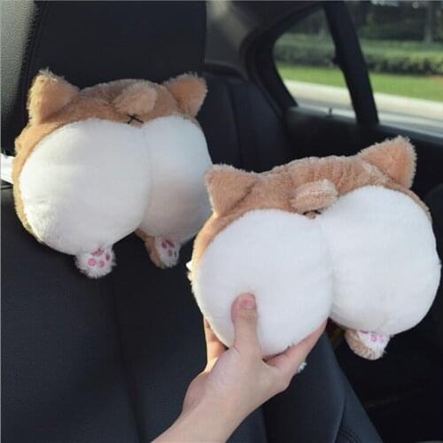 Cartoon Short Leg Corgi Dog Creative Plush Butt ASS Seat Belt Cover Car Headrest Neckpillow Interior Accessories