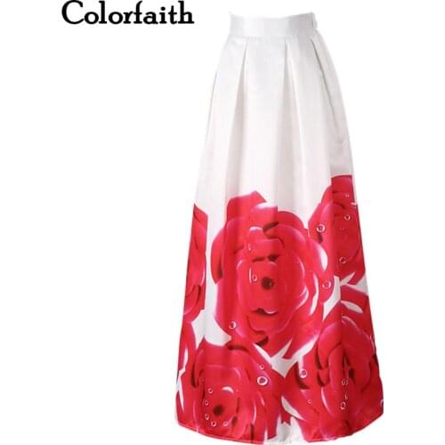 2017 Satin Women 100cm Flared Maxi Skirts Retro Rose Floral Printed Pleated Floor Length Long Skirts Saias SP033