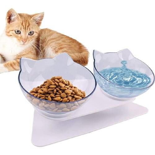 Direct Elevated Double Cat Bowl, 15degree Tilted Platform Cat Food Bowl with Raised Stand Pet Feeding Bowl for Cat and Small Dog