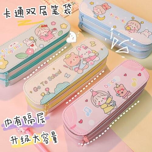Double-layer Pencil Case Large Capacity Simple Canvas Cute Stationery Pencil Case For Girls And Primary School Students