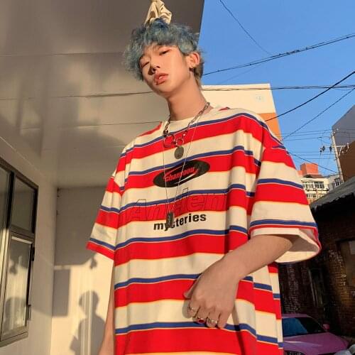 Striped Contrast Short Sleeve T-Shirt Mens Trendy Summer Street Hip Hop Loose Retro Couple Tops Personality Cotton Half Sleeve