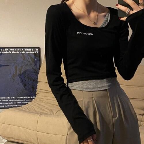 Skull T Shirt Fake Two-piece T-shirt Spring New Womens Tight-fitting Short Bm Long-sleeved Shirt Fashion