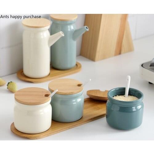 Ceramic Spice Container Spice Jar Oil Can Wooden Pallets Seasoning Box Set Soy Sauce Bottle Vinegar Pot Home Seasoning Organizer