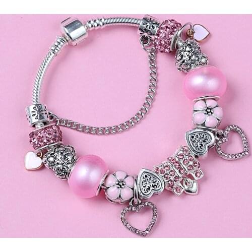 Leabyl Romantic Pink Crystal Enamel Heart Charm Bracelets & Bangles Silver Color Love Bead Bracelet Pendant Jewelry for Women