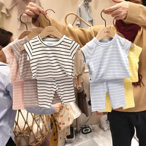 Summer Baby Boy Girl Childrens Suit Casual Kids Boys Girls Short Sleeve Stripe T-Shirt + Shorts Suit Kids Baby Boy Girl Sets