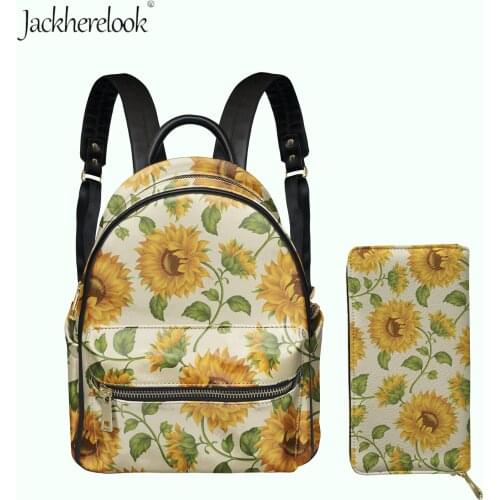 Jackherelook Sunflower Pattern Mini Backpack Women Luxury PU Satchel & Clutch Wallet 2pcs/Set Girls Small Schoolbag Mochila