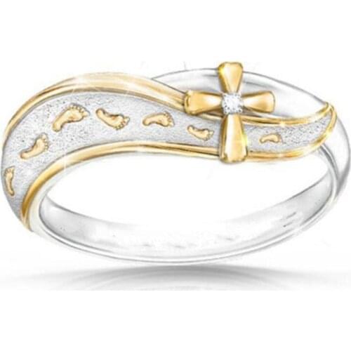 Fashion Gold Silver Color Two-tone Cute Frosted Cross Footprints Wedding Ring For Women Girls Easter Christian Jewelry