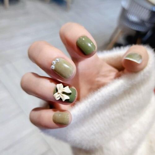 Fake press on nails Green Short Paragraph Pearl Butterfly Wear Nail Stickers Finished pre design acrylic nail tips for girls