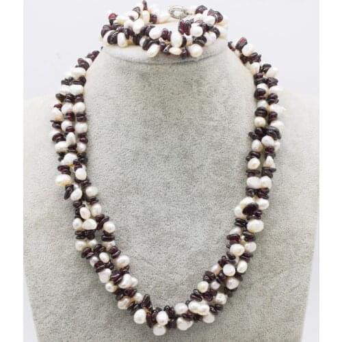 One set 3rows freshwater pearl white baroque red garnet necklace bracelet 19inch FPPJ wholesale beads nature