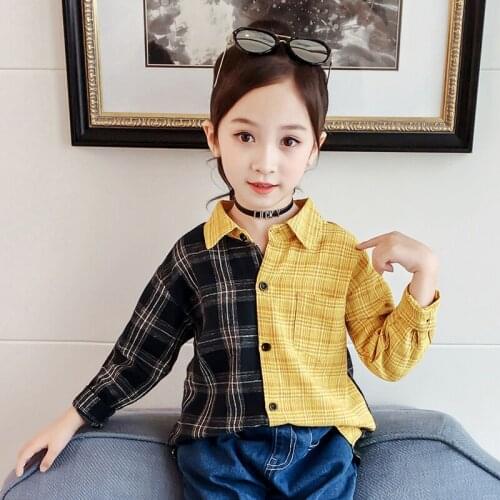 Girl autumn plaid shirt Girl decorative stitching fashion shirt Girl casual versatile shirt Girl long sleeve shirt