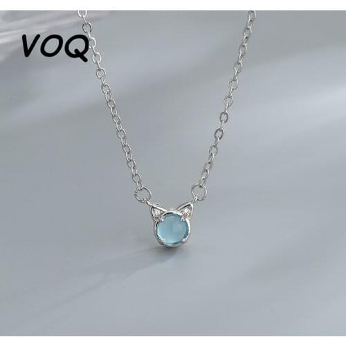 VOQ 925 Sterling Silver Cute Animal Blue Cat Pendant Necklace Clavicle Chain Womens Jewelry