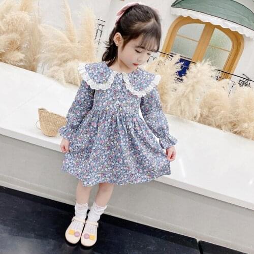 Girls Long Sleeve Retro Dress 2021 Spring Childrens Floral Lapel Princess Dresses Girl Lace Doll Collar Seaside Holiday Vestido