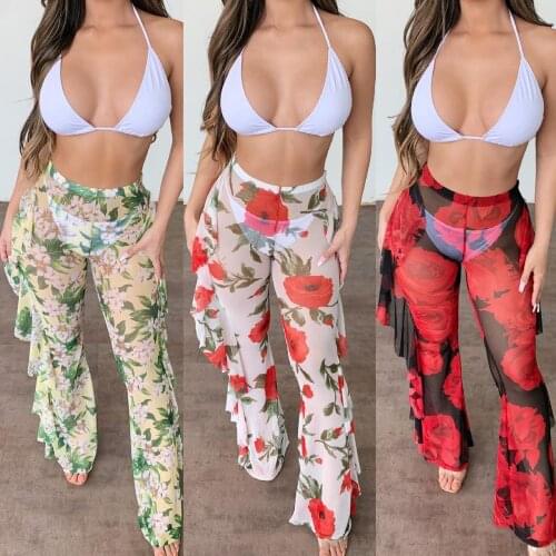 Puloru New Women See-through Bikini Cover Ups Pants Floral Print High Waist Long Trousers with Ruffles for Summer Party Club