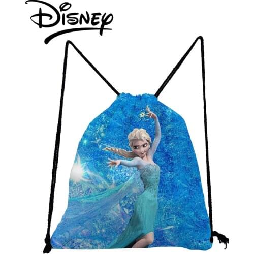 Disney Frozen Backpack Elsa Cartoon Girl Printed Drawstring Bags Child Mini School Bag Blue Eco Shoe Pocket Storage Bag Foldable