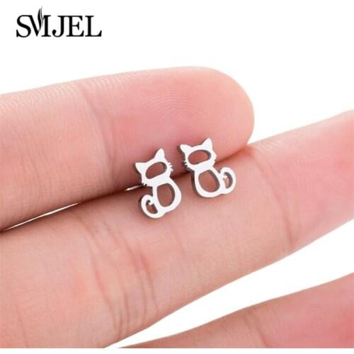 SMJE Cute Cat Earrings Small Girl Children Jewelry Hollow Animal Stud Earring Cool Stainless Steel Jewelry Gifts Oorbellen