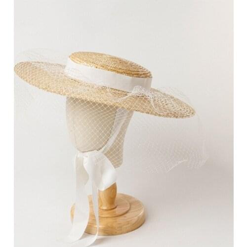 066F Formal Hat Straw-Woven Summer Beach Hat Decorated with Grenadine & Adjustable Ribbon for Fixing with Wide Brim