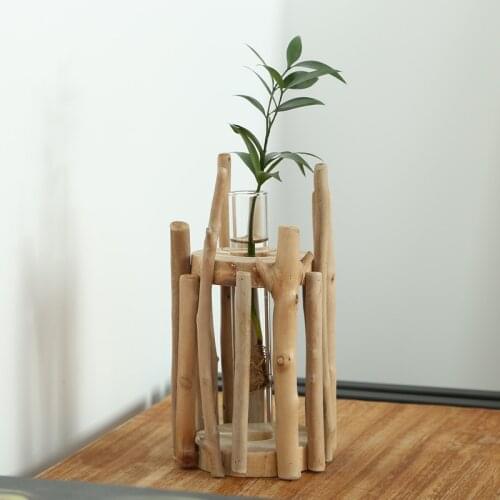 Nordic Round Wood Small Vase For Decoration Home Plant Flower Handmade Terrarium Table Tranparent Vase Glass Containers