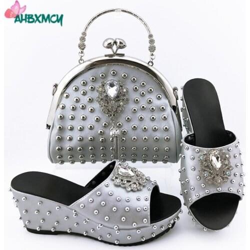 Slingbacks Slipper in Silver Color for Party Nigerian Ladies Shoes and Bag Set with Shinning Crystal with Platform for Wedding