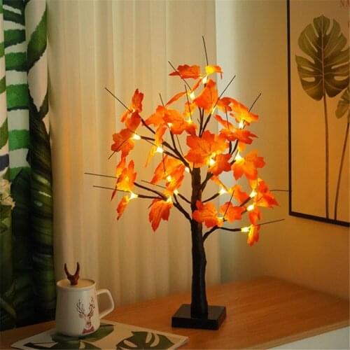2FT USB/Battery Pumpkin Bat Maples Ornaments Light Up Bonsai Tree Light for Halloween Thanksgiving Decorations Tabletop Lamp