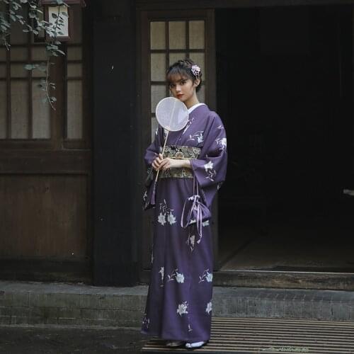 Womens Japanese Traditional Kimono Beautiful Purple Color Classic Yukata Cosplay Clothinig Photography Dress Bathrobe