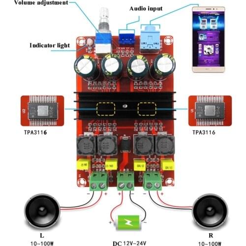 100W *2 Audio Power Amp AmplifiersTPA3116D2 Digital 2.0 Channels tpa3116 Class D HiFi Stereo amplificador board DC12-24V