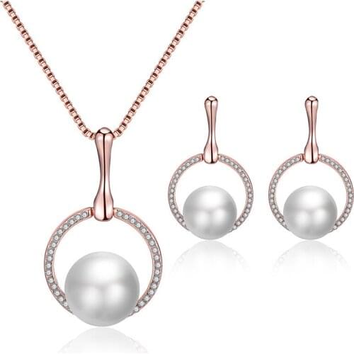 Best selling inlaid pearl earrings necklace set bridal jewelry two-piece female party birthday gift