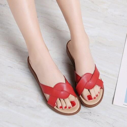 Womens Leather Slides Summer Shoes Casual Flats Woman Slippers Cross Low Heel Shoes Brown Red White Beige Plus Size 35-41