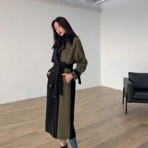 2020 Spring New Women black army green Turn-down Collar Full Sleeve Casual Trench Female Double Breasted Patchwork Coat