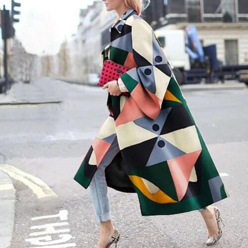 Autumn Design New Women Fashion Long Sleeve X-Long Printing Trench Coat Single Breasted Loose Windbreaker Outerwear Overcoat