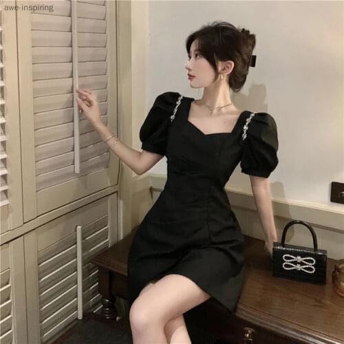 2021 Summer New Dress Women Fashion Irregular Self-cultivation Black Puff Sleeve Waist Pleated Skirt Temperament Short Sleeves