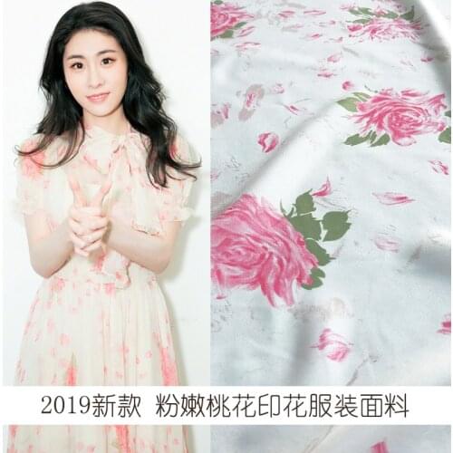 2019 new pink peach flower petal print dress shirt fabric spring and summer polyester printing fashion micro-transparent hot