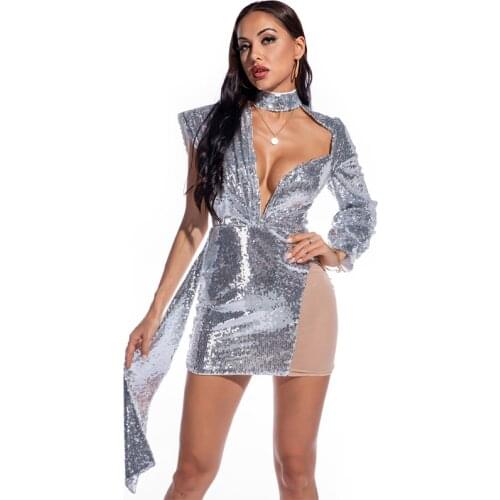 Ziamonga 2021 Sequins Beading Women One Shoulder Dress Slim Body Sexy Party Mini Dress High Waist Women Party Dress Vestidos