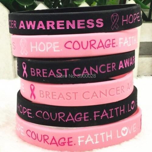100pcs hope courage faith love breast cancer awareness wristbands silicone bracelets
