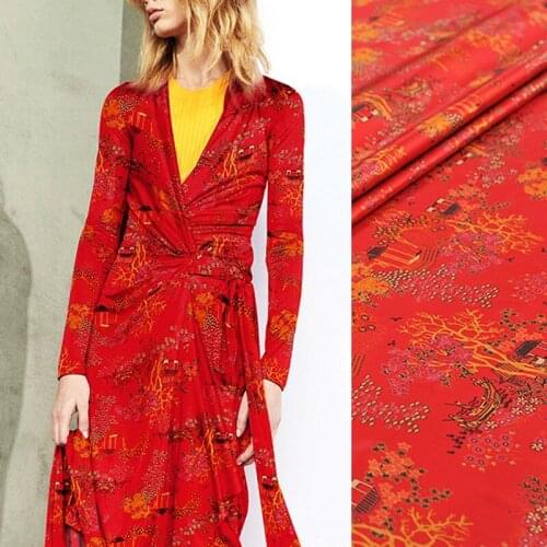 135CM Wide 19MM Print 94% Silk & 6% Spandex Strech Red Silk Satin Fabric for Summer Shirt Skirt Dress Cheongsam J050