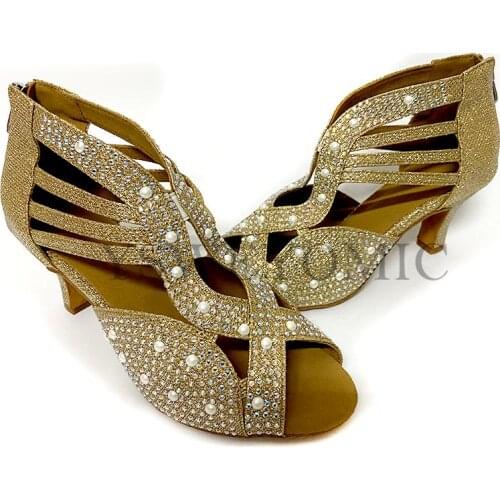 2021 Gold Women Dance Shoes Salsa Rhinestones Shoes Social Party Shoes for Female Samba Latin Dance Shoes Low Heel 6cm 2inch