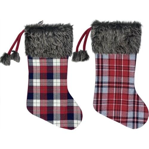 4 Pcs Christmas Stockings Decorations 18'' Large Plaid Plush Faux Fur Cuff Stocking for Xmas New Year Home Decor Wholesale X2
