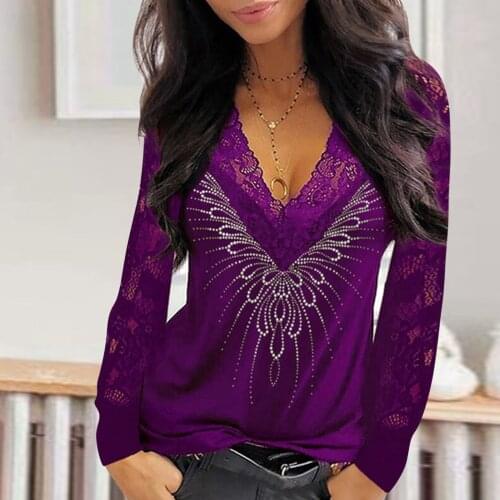 40# Blouse Women Autumn Longe Sleeve Lace Sequins V-neck Long Sleeves Elegant Blouses Vintage Shirt Tops Блузка Женская Кофта
