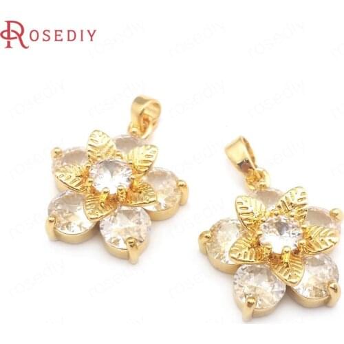 40698)4PCS Flower 24K Gold Color Brass and Zircon Necklaces Flower Charms Pendants Jewelry Making Supplies Findings Accessories