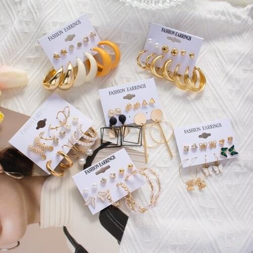 6Pair/set Fashion Gold Color Circle Simulated Pearl Earrings Set For Women Vintage Crystal Geometric Earing Jewelry Bijoux Femme
