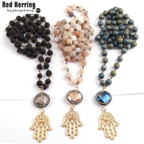 Free Shipping Fashion Bohemian Jewelry Rosary Chain Natural Druzy Handmake Paved Crystal Palm Pendant Necklace