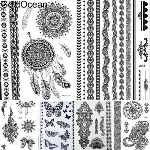 Dreamcatcher Black Mandala Henna Temporary Tattoo Girl Arm Bracelet Tattoo Sticker Women Body Leg Art Makeup Fake Tatoos Feather