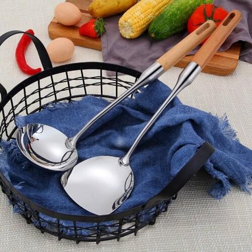 Wooden Handle Turner Stainless Steel Spatula Shovel kitchen Ladle Household Scalding Thick Stir-fry Cooking Utensils 1/2pcs