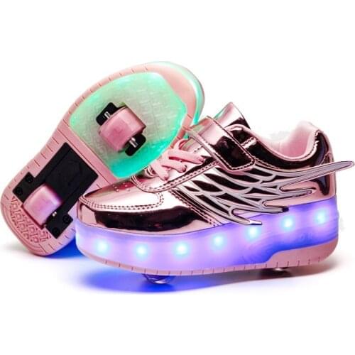 LED Children Wheels Shoes With Wing Fashion Kids Roller Skates USB Charging Colorful Lights Boys & Girls Sneakers Size 28-40